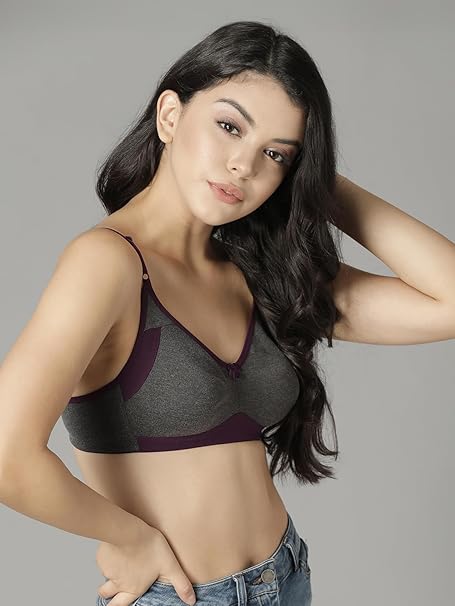 Clovia Women’s Cotton-Rich Dark Grey Wire-Free Full-Cup T-Shirt Bra – Non-Padded Comfort
